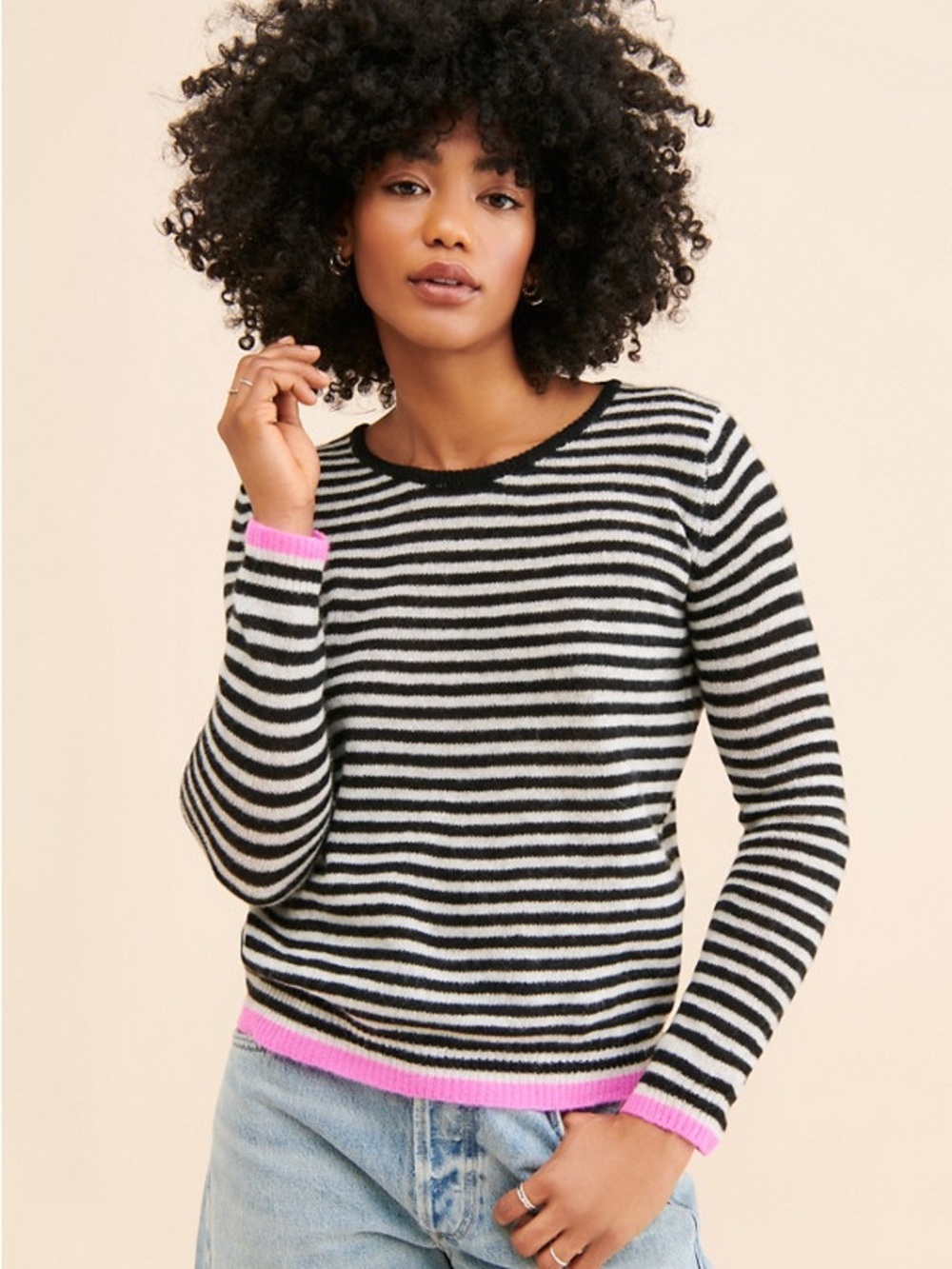 100% Cashmere Striped Black & White Crewneck Sweater with Pink Trim